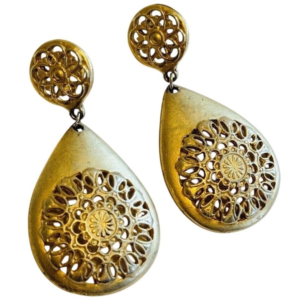 VTG Chunky Earrings statement dangle‎ Pierced Gilt Gold Rare Byzantine regal 80s